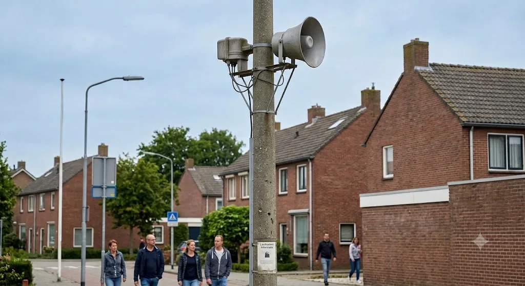 Luchtalarm-sirene op een paal in een Nederlandse woonwijk, met voorbijgangers op straat