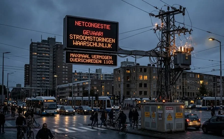 Oranje matrixwaarschuwingsbord boven een stadskruispunt in de schemering met de tekst 'Netcongestie gevaar! Stroomstoringen waarschijnlijk', naast overbelaste hoogspanningsleidingen.